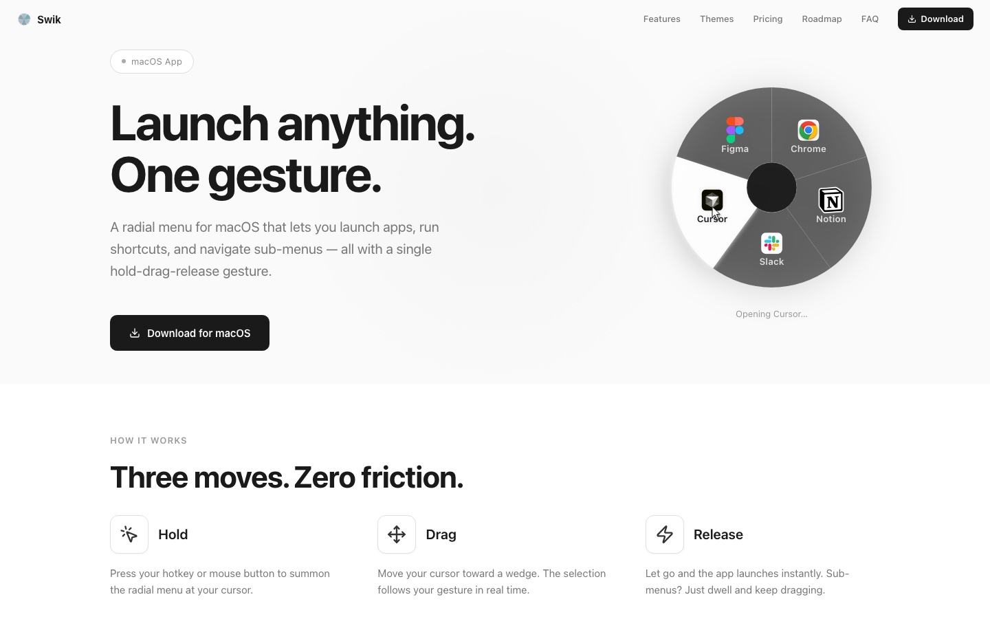 Swik radial menu open with five wedges — Figma, Chrome, Cursor, Notion, Slack — highlighting the Cursor wedge mid-launch.