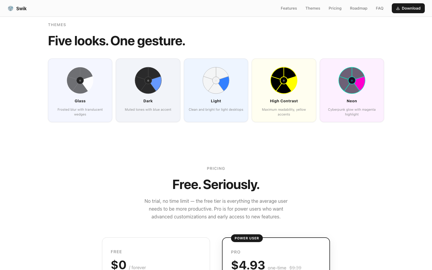 Swik이 제공하는 네 가지 테마 — Glass, Light, Dark, 그리고 커스텀 액센트 — 가 swik.me 랜딩 페이지에 나란히 보여지는 모습.